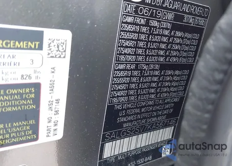 2019 Land Rover Range Rover 3.0L V6 Supercharged Hse z USA, uszkodzony, nr VIN SALGS2SV7KA567146